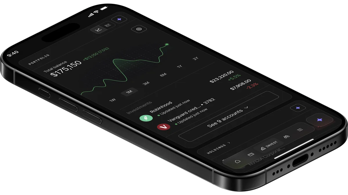 origin financial portfolio dashboard displaying total balance, investment performance, and account details on a sleek dark-mode iPhone interface.