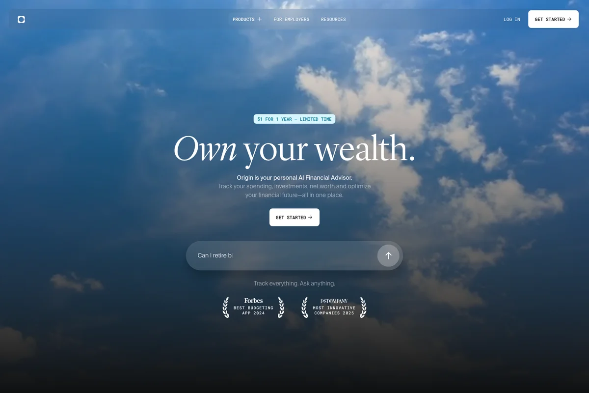 Origin homepage hero displaying its AI financial advisor with an interactive prompt for financial questions on a serene cloud background.