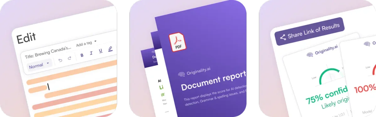 Originality.ai feature showcase demonstrating content editing, AI detection report, and originality scoring in a modern UI.