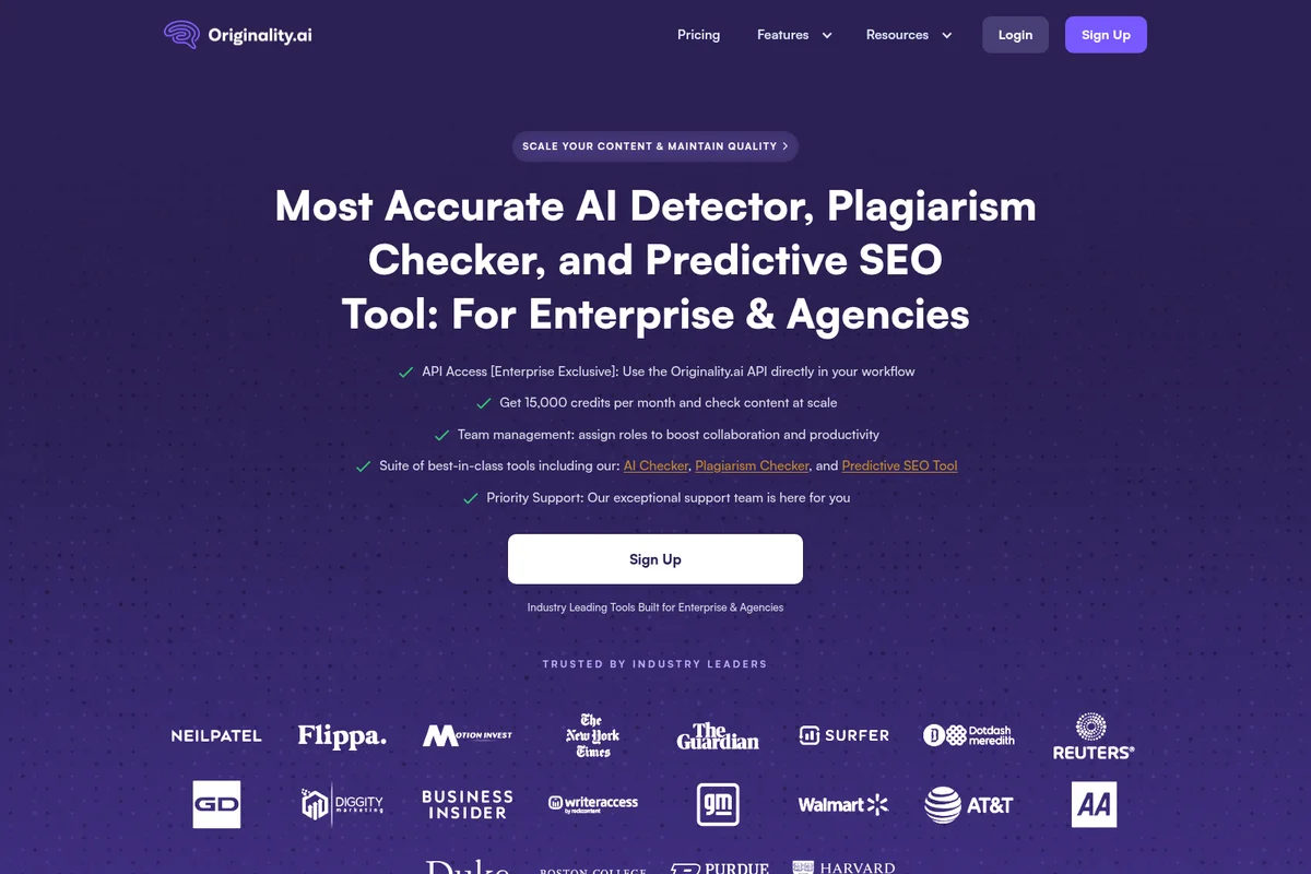 Originality.ai landing page hero for AI Detector, Plagiarism Checker, and SEO Tool, with dark gradient UI and industry trust logos.