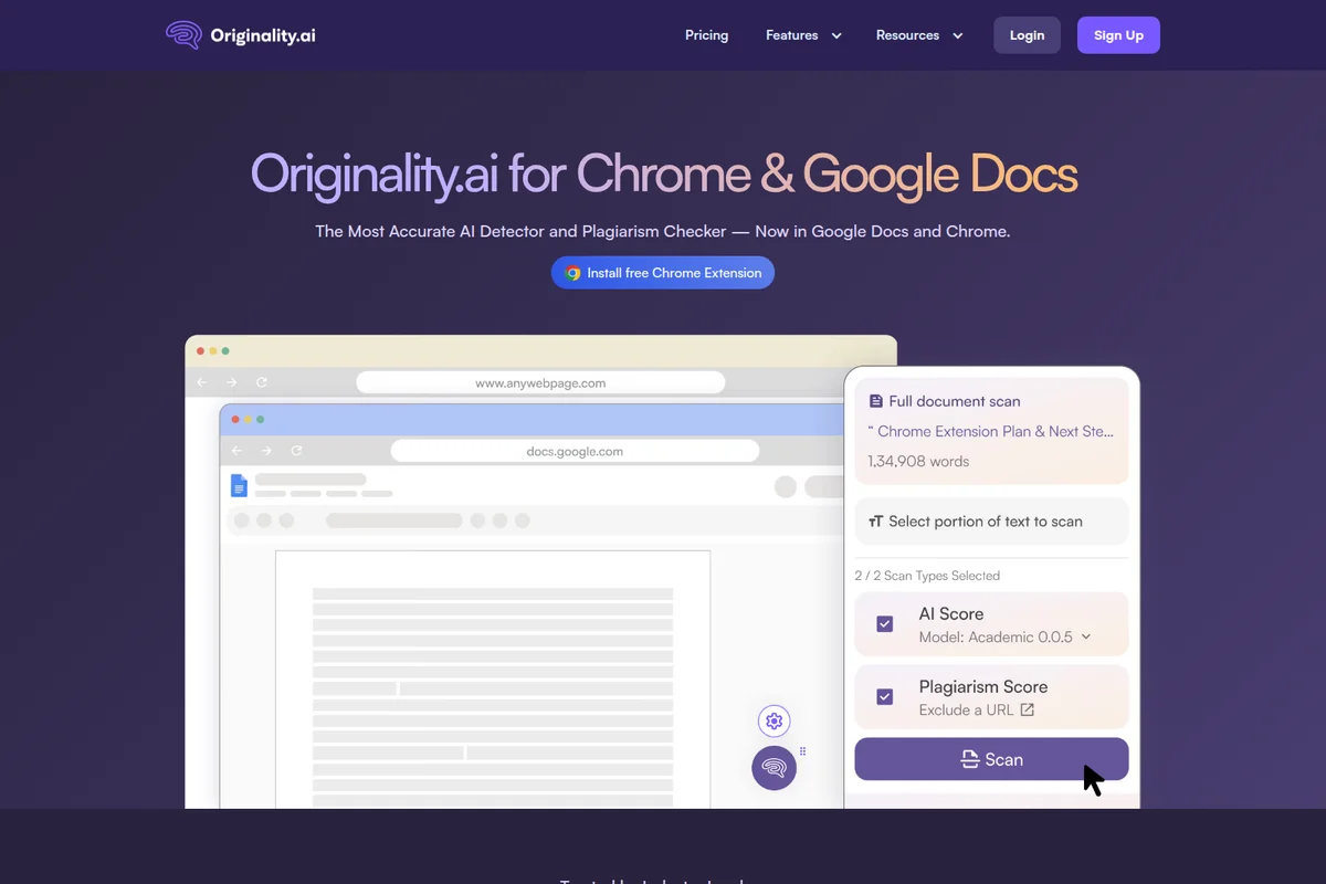 Originality.ai Chrome extension panel showing document scan options for AI and Plagiarism Scores in a clean interface.