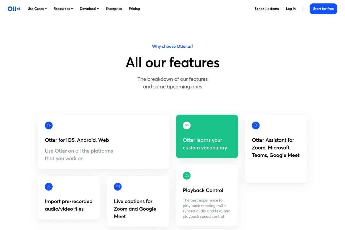 Otter.ai features page showcasing core capabilities like cross-platform support and custom vocabulary with a modern card layout.