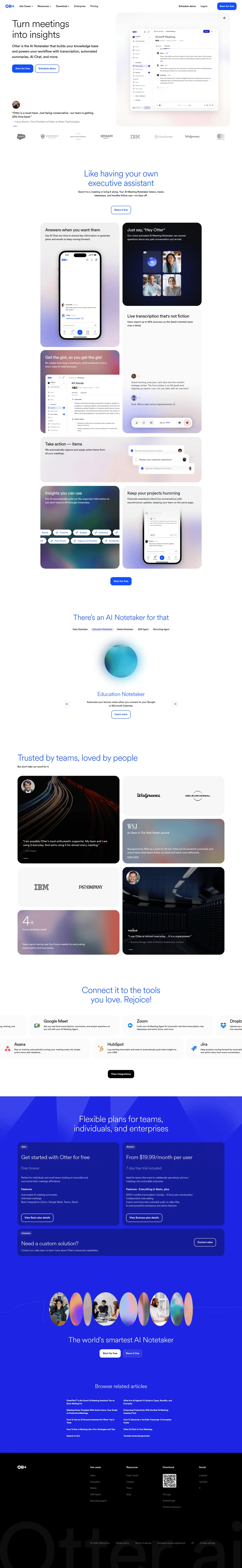 Otter.ai homepage showcasing AI meeting assistant features including transcription, summarization, and action item extraction in a clean, modern interface.
