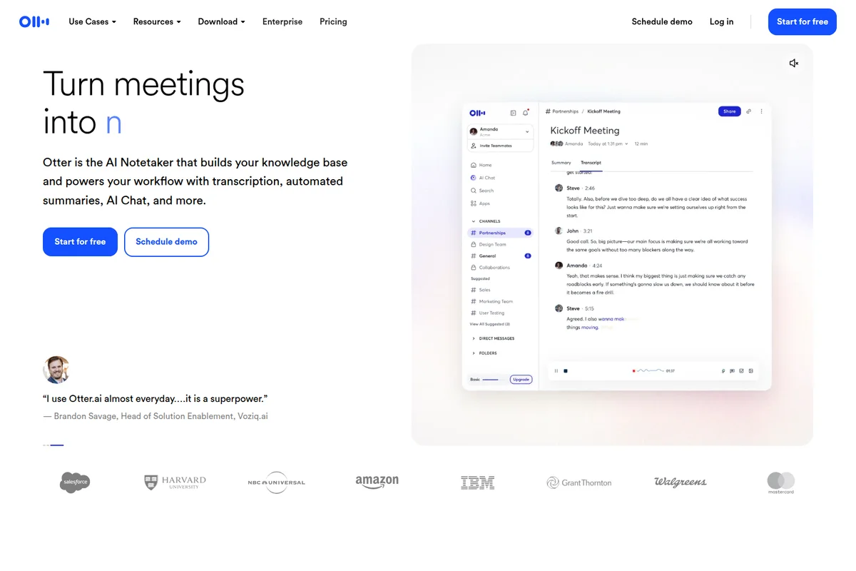 Otter.ai meeting transcription workspace showing a 'Kickoff Meeting' transcript with speaker identification and a clean, modern interface.