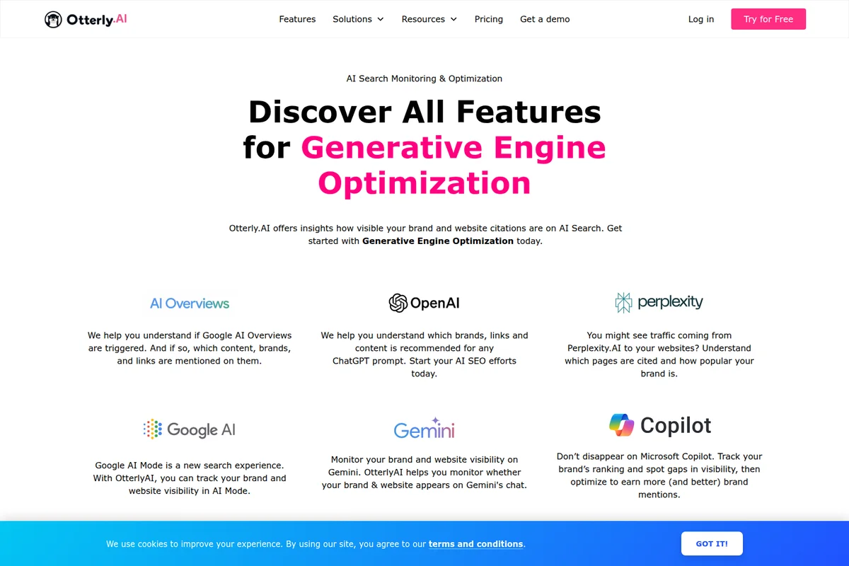Otterly AI features page describing Generative Engine Optimization capabilities and integrations with Google AI, OpenAI, Perplexity, Gemini, and Copilot in a clean, light-themed interface.