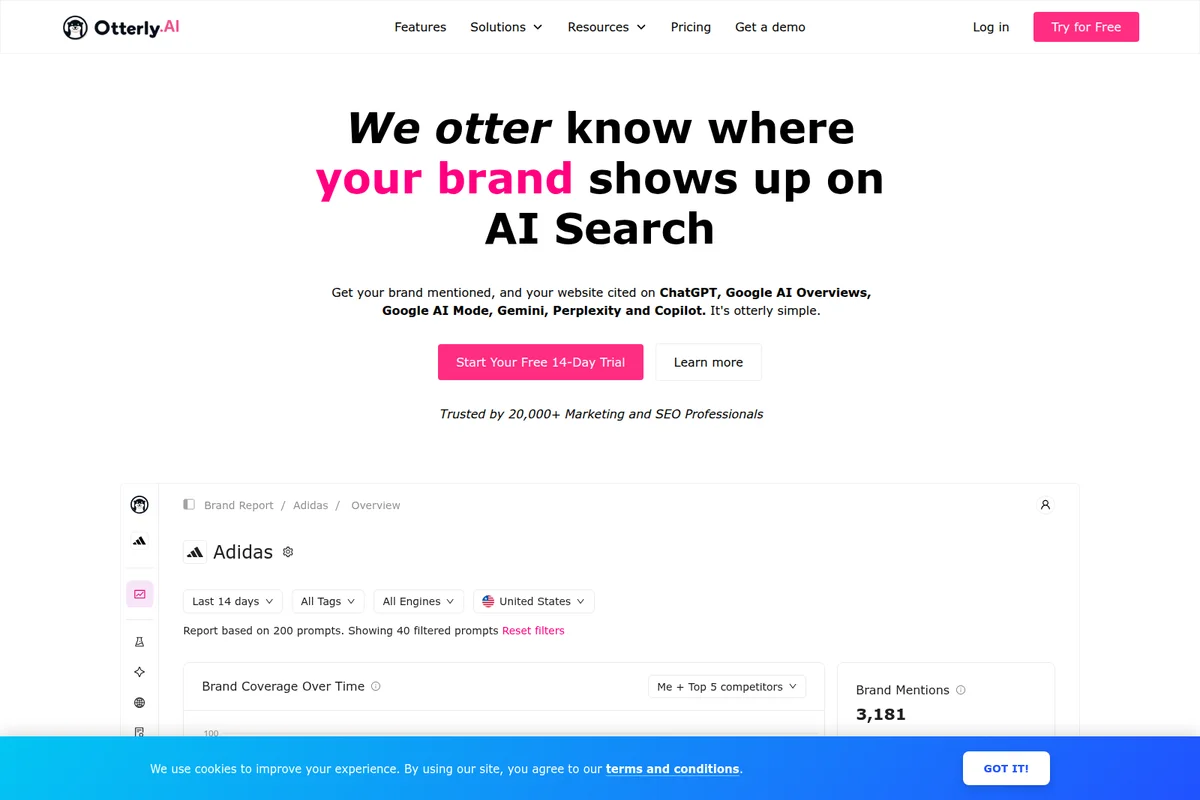 Otterly AI homepage showing brand mention tracking in AI search with a clean, modern interface and a preview of the brand report dashboard.