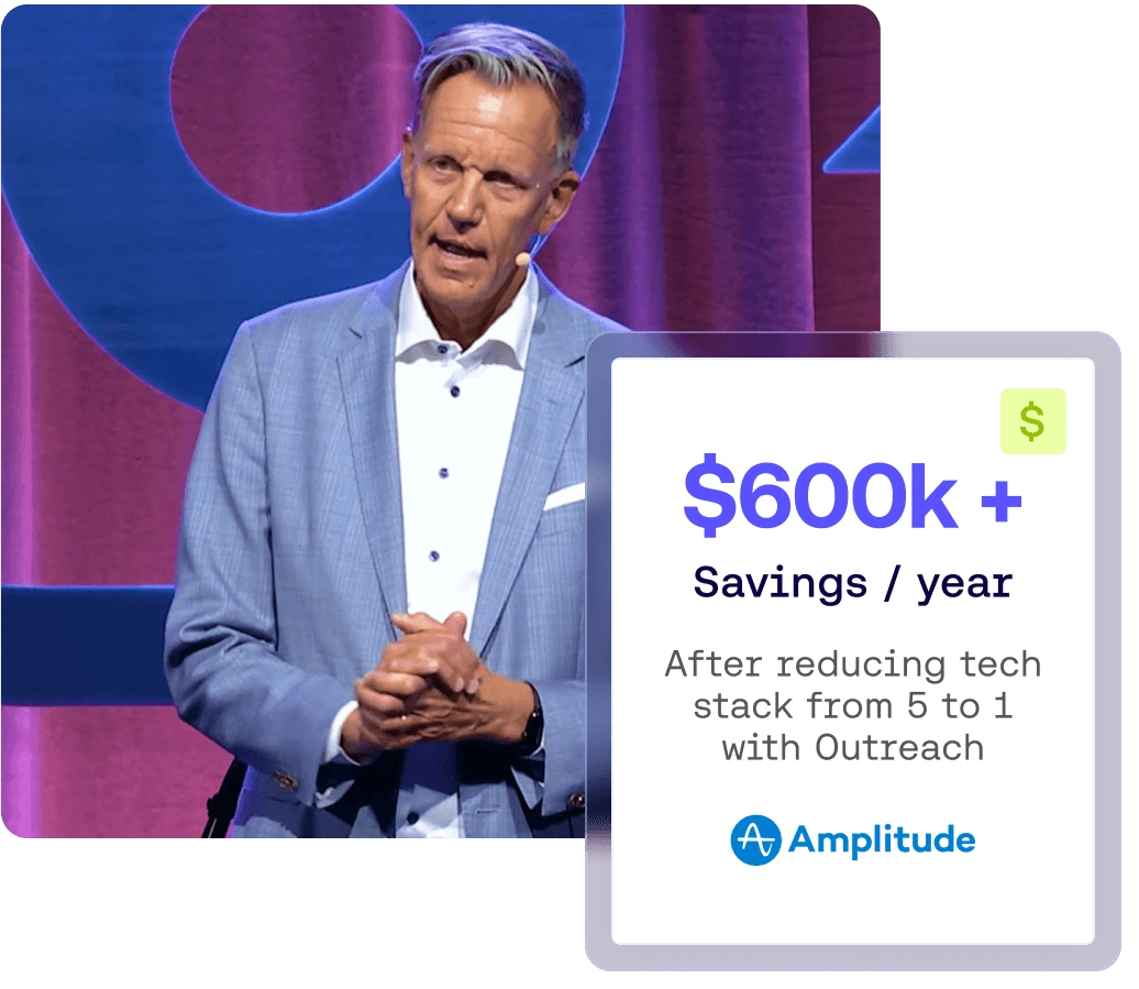 Outreach customer success visual featuring a speaker on stage next to a callout box highlighting $600k+ annual savings from tech stack reduction.