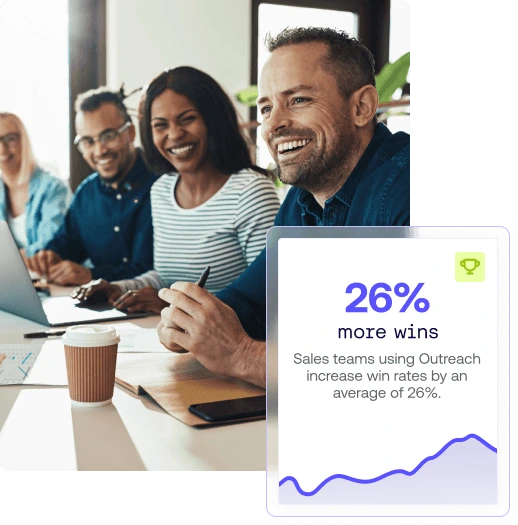 Outreach results overlay showing increased sales win rates with a modern glassmorphism design