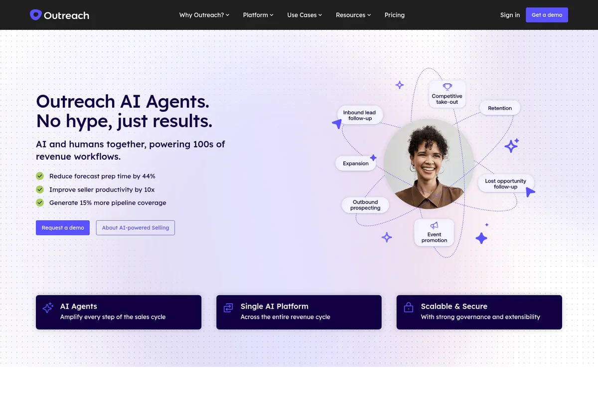Outreach AI Agents page illustrating sales workflow use cases like lead follow-up and prospecting with a modern purple-gradient design.