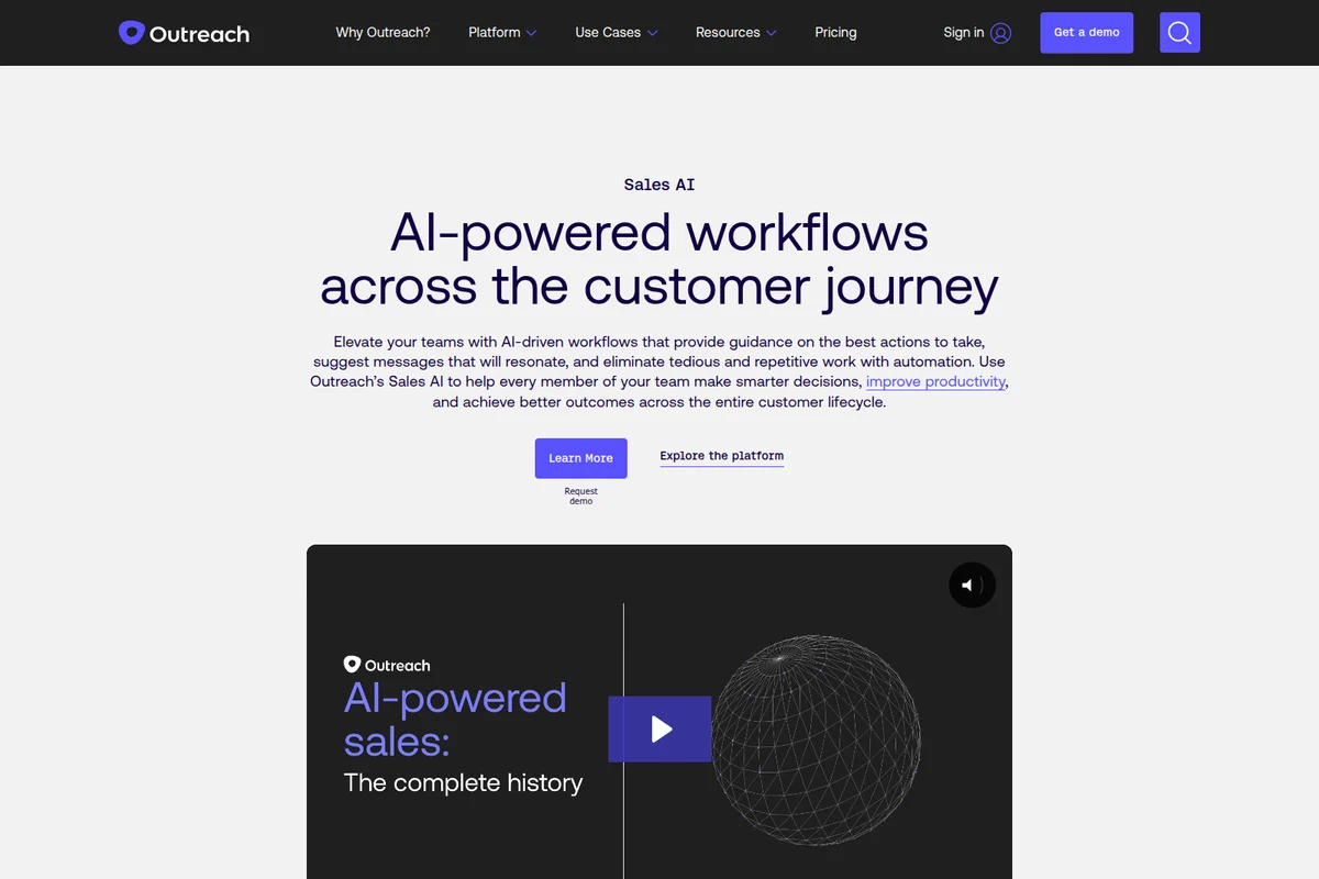 Outreach Sales AI landing page showcasing AI-powered workflows for the customer journey, featuring a headline and an embedded video player.