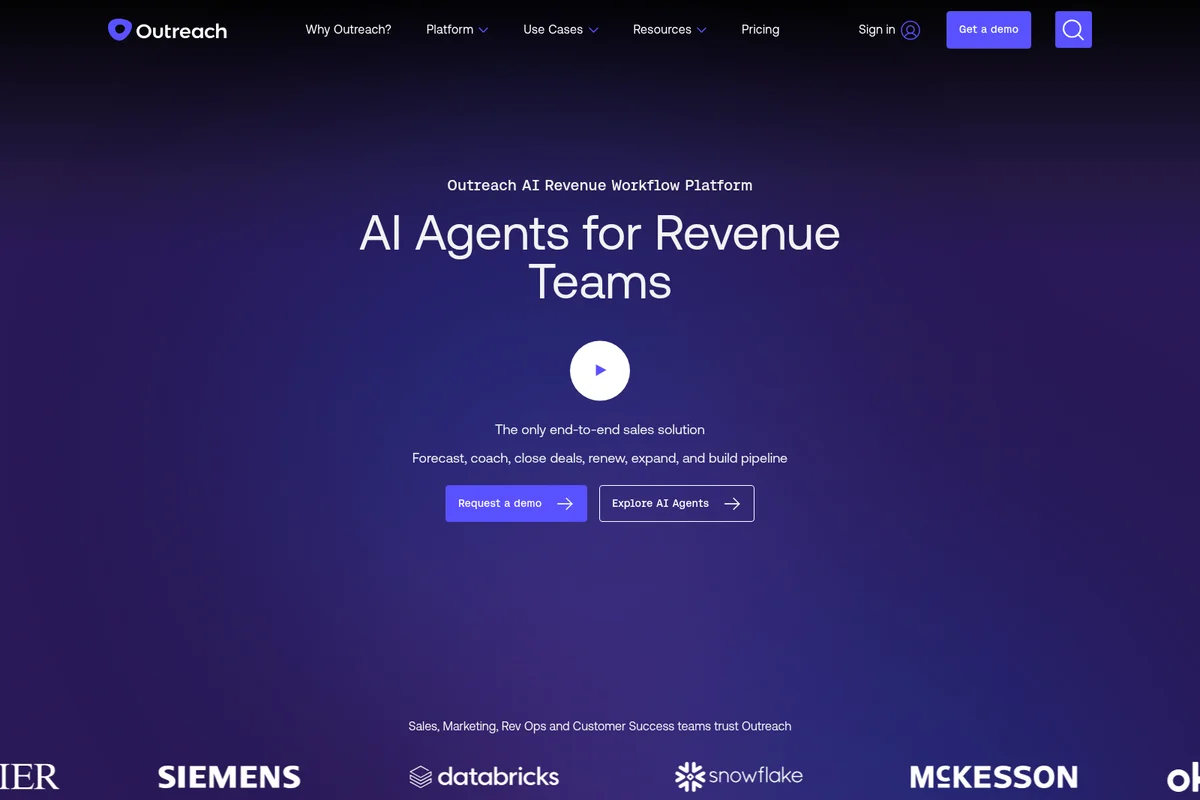 Outreach homepage hero section showcasing 'AI Agents for Revenue Teams' with a modern dark gradient interface.