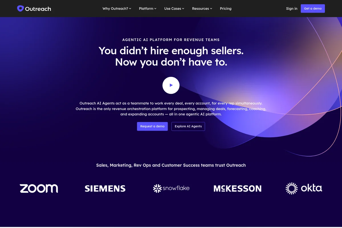 Outreach homepage hero section presenting its Agentic AI platform for revenue teams, with a dark gradient and customer logos.
