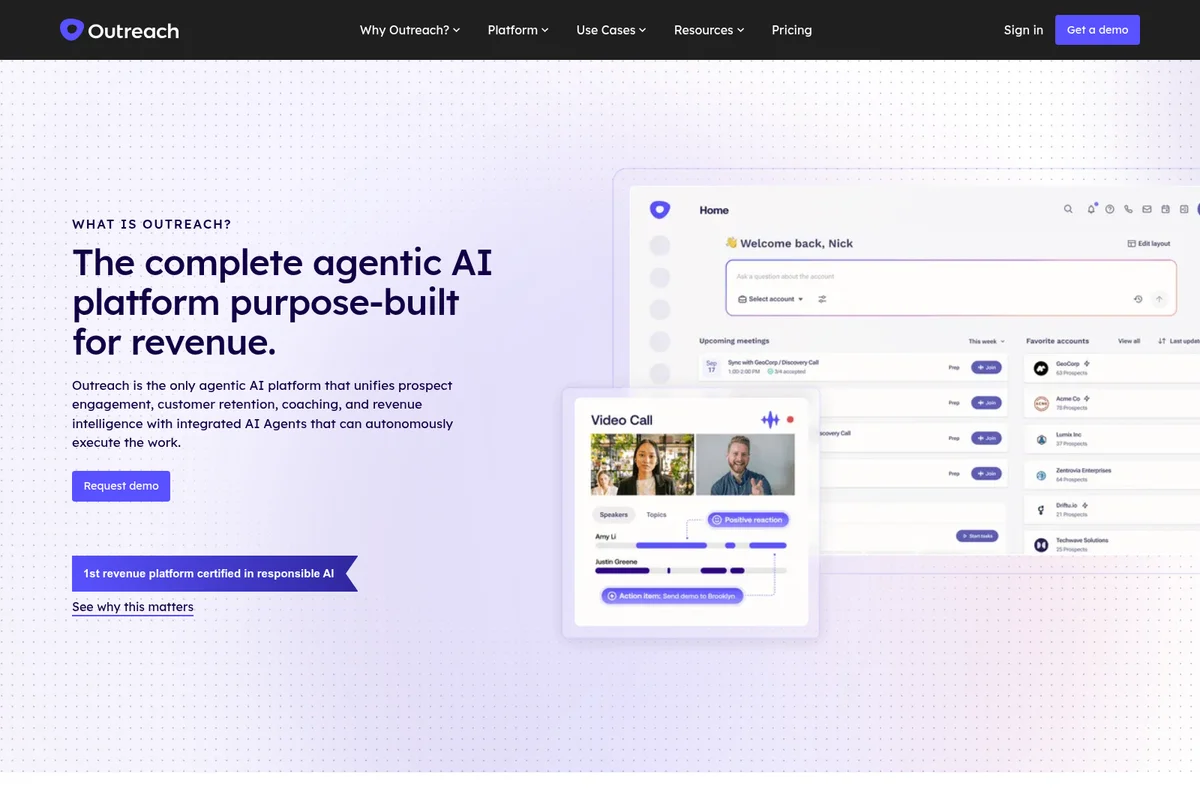Outreach revenue AI platform dashboard showing AI-powered video call analysis and upcoming meetings with a modern interface.