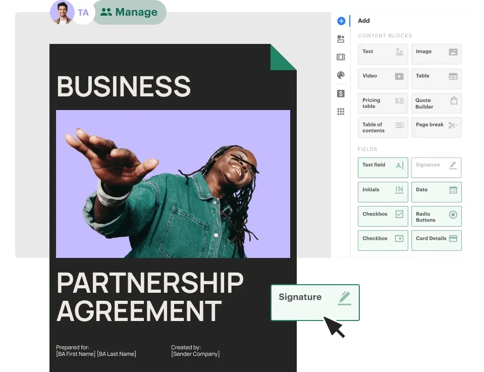 Pandadoc workspace UI showing a partnership agreement document being edited with content blocks and signature fields in a modern, dark-themed interface.
