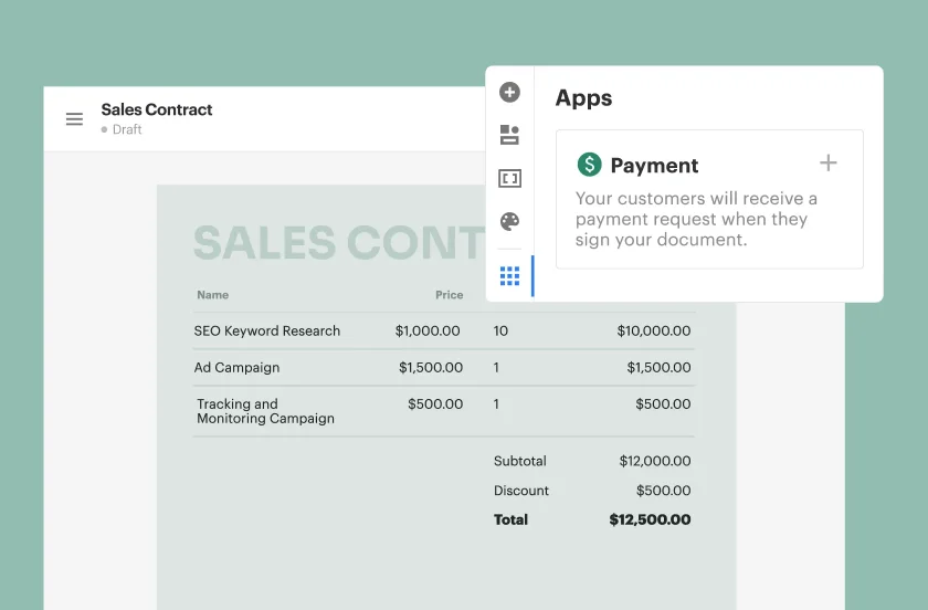 PandaDoc feature showing a sales contract with the Payment app open for requesting payments.