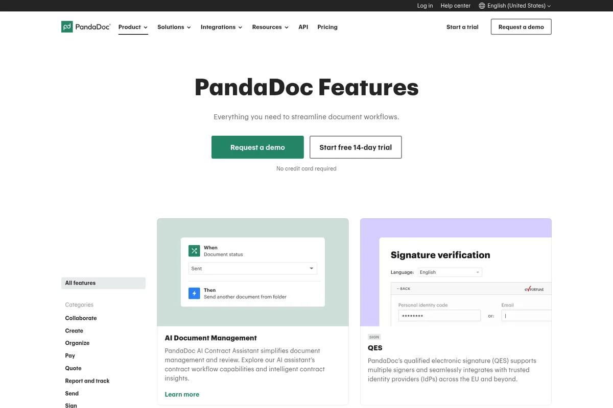 PandaDoc features page showing AI Document Management workflow and electronic signature verification UI in a clean, modern design.