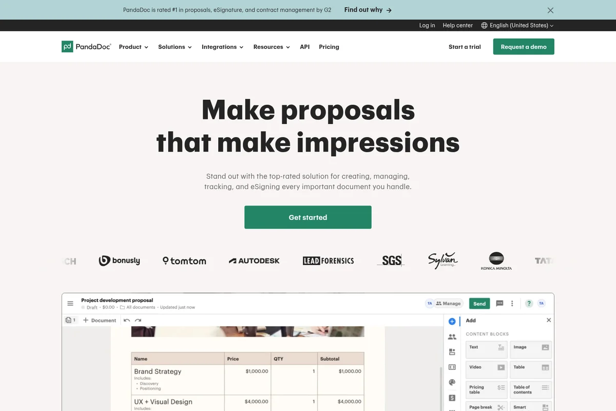 PandaDoc homepage displaying a document editor for proposals with a pricing table and content blocks.