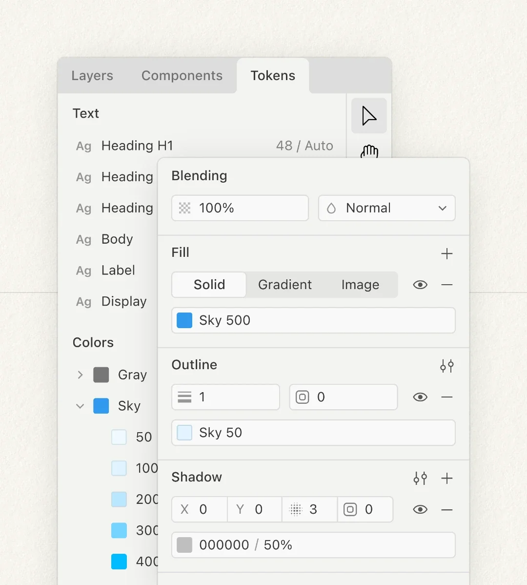 Paper design tool workspace showing design tokens for text styles and color properties with a clean light-mode interface.