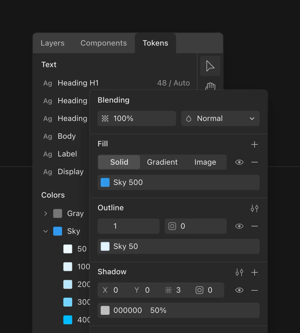 Design Tool workspace UI showing blending, fill, outline, and shadow properties with a modern dark-mode interface.