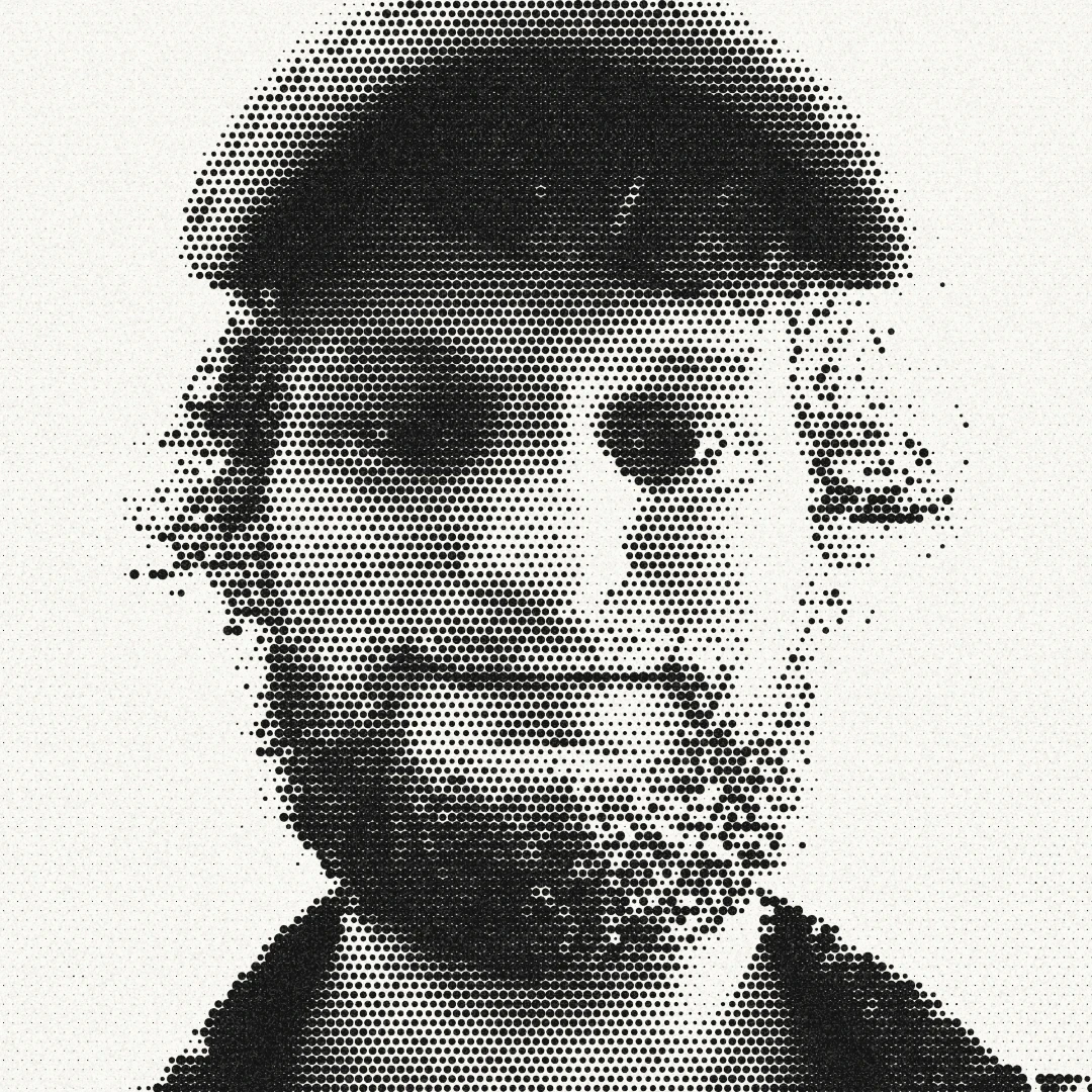 The Paper app output showing a stylized halftone portrait of a man, demonstrating artistic image processing capabilities.