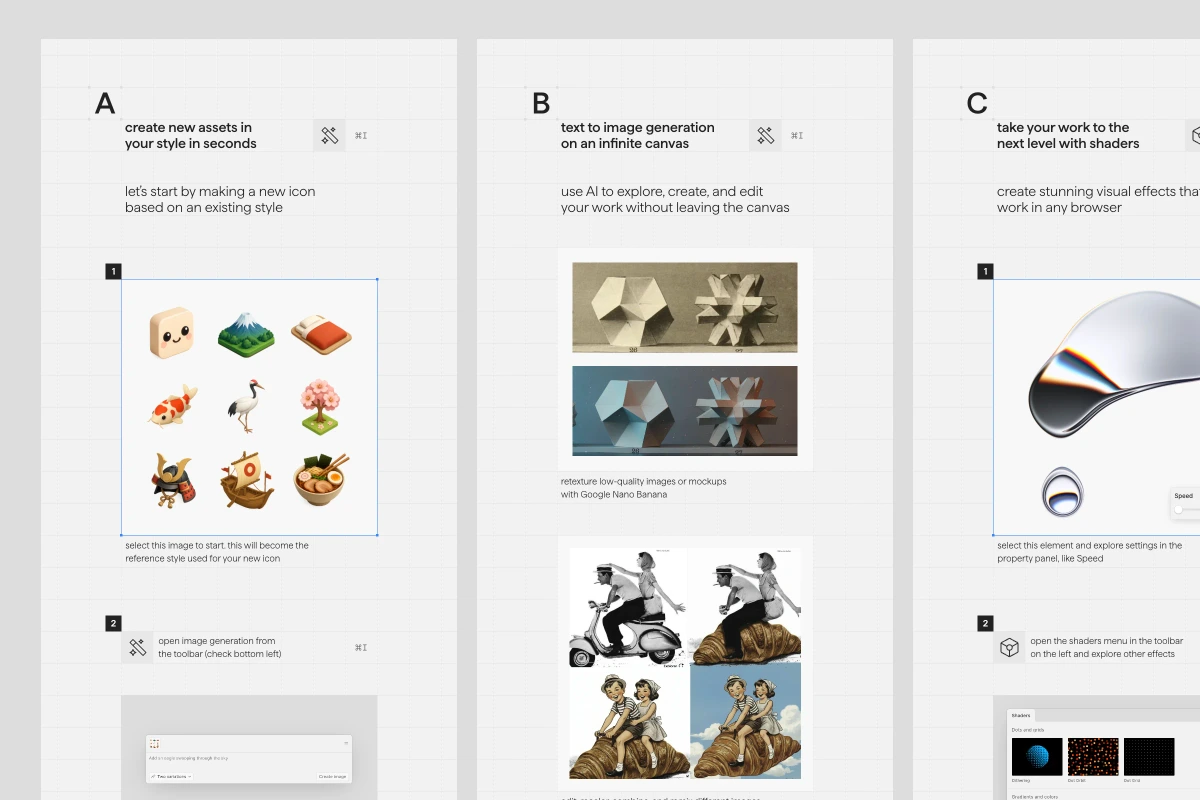 Paper product features showcasing AI asset creation, text-to-image generation, and advanced shader effects with its UI.