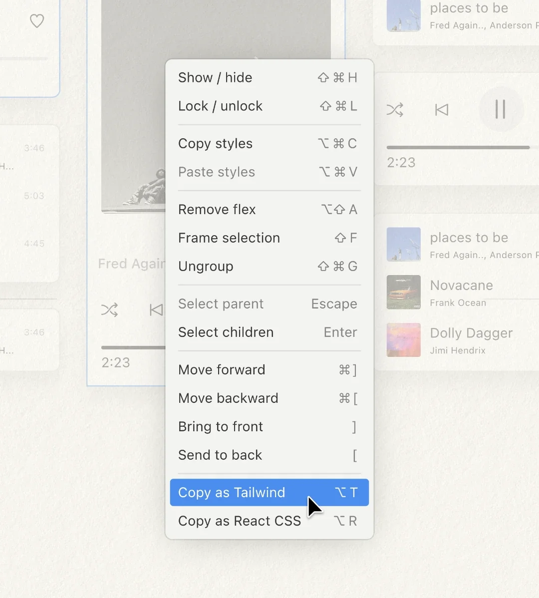 Paper design tool displaying a right-click context menu with 'Copy as Tailwind' highlighted for exporting design styles to code in a clean, modern interface.