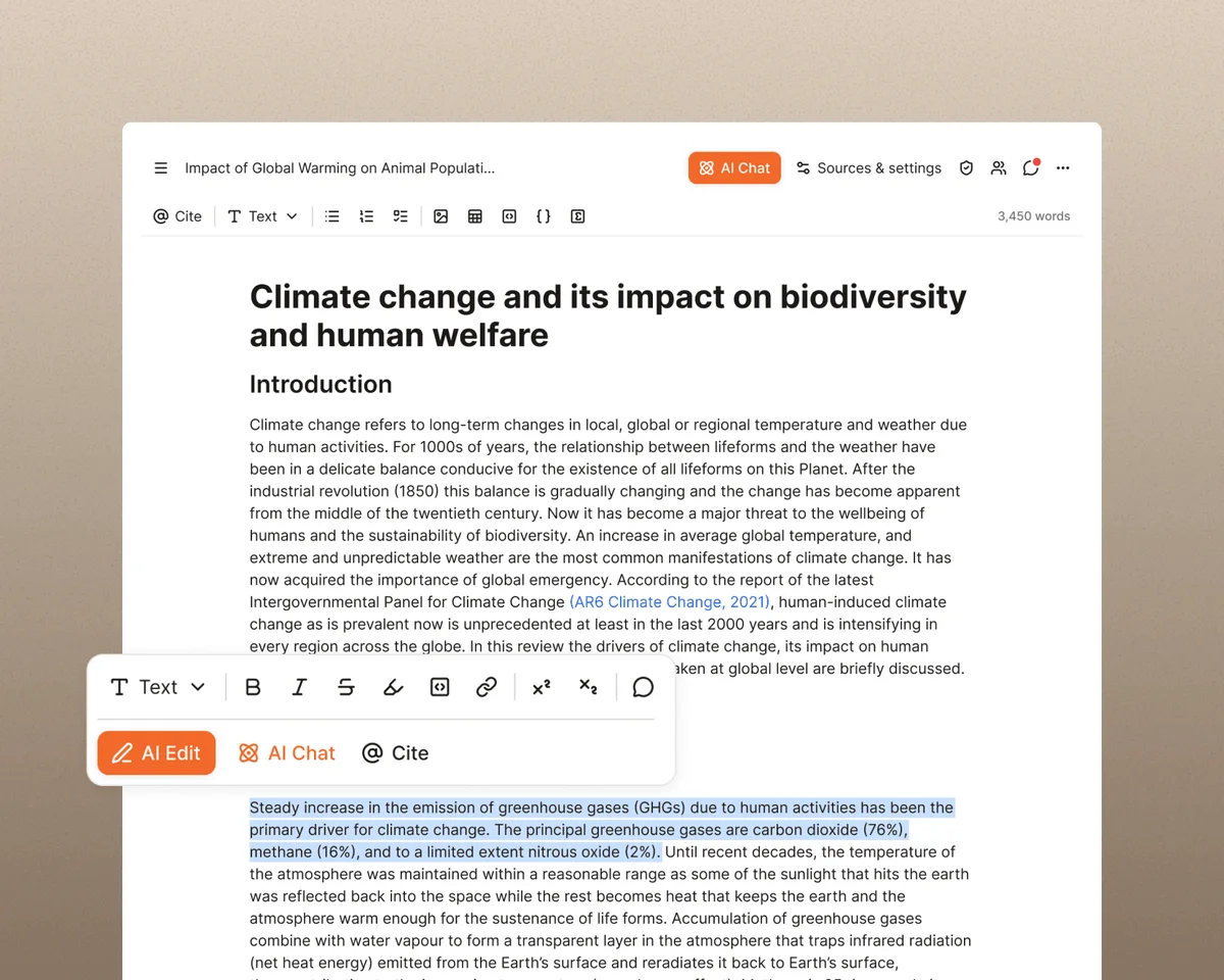 paperguide AI document editor showing AI edit suggestions on highlighted text with a clean white interface.
