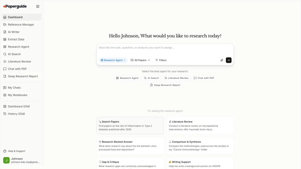 Paperguide AI Research Agent dashboard showing query input, agent selection dropdown, and various example research tasks.