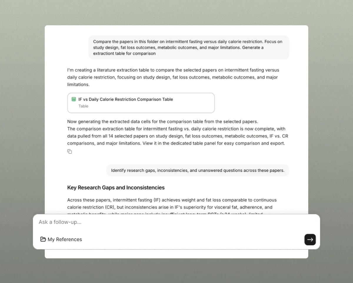 Paperguide AI assistant UI showing a literature extraction table and research gap analysis in a clean, light theme.