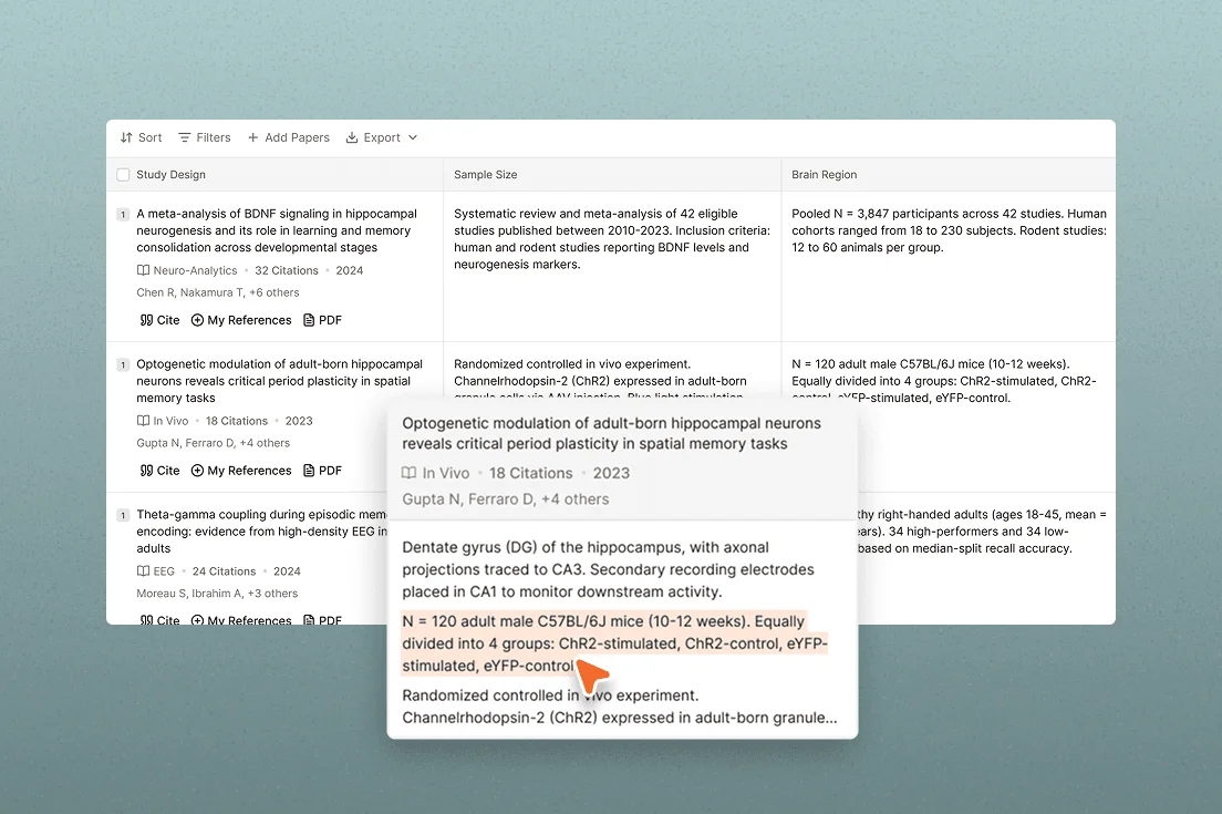 Paperguide research assistant UI displaying detailed paper information in an interactive popover with a clean table design.