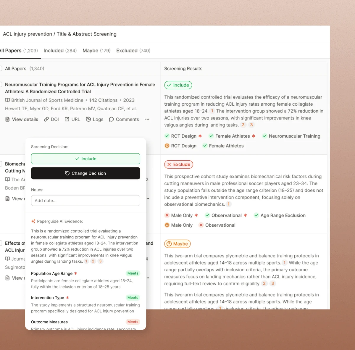 Paperguide AI workspace showing research paper screening with an AI evidence panel and interactive decision modal.