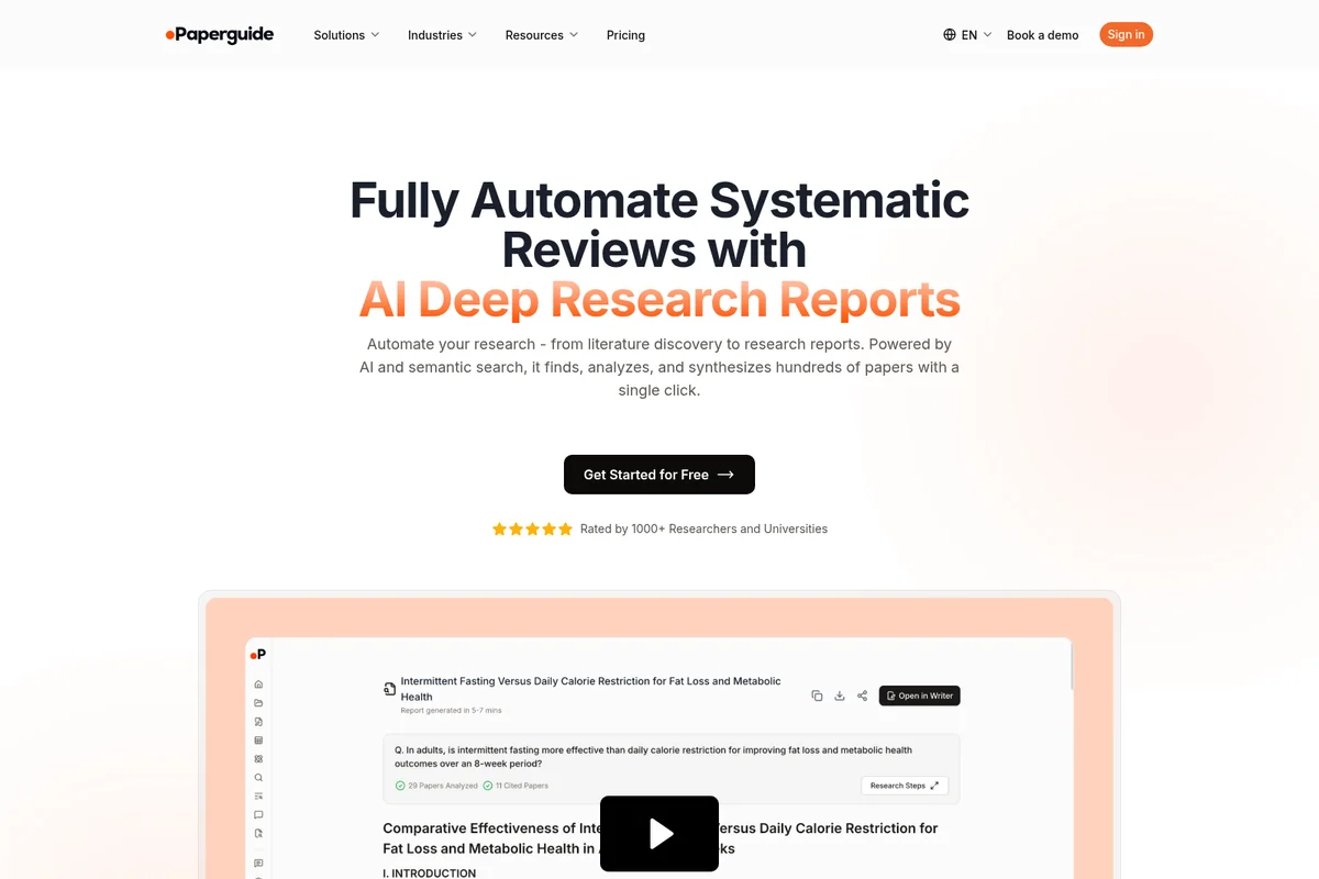 Paperguide landing page showcasing AI-powered systematic reviews with a research report summary in a clean, modern interface.