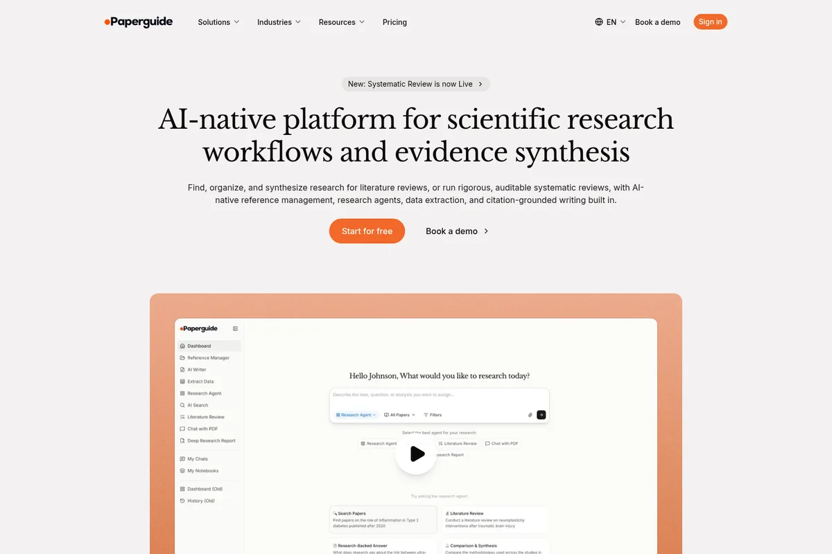 Paperguide workspace UI showing an AI research agent prompt and various task options with a clean light theme.