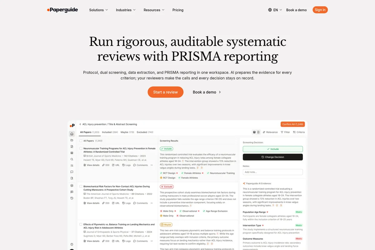 Paperguide systematic review workspace showing AI-assisted paper screening and auditable PRISMA reporting interface.
