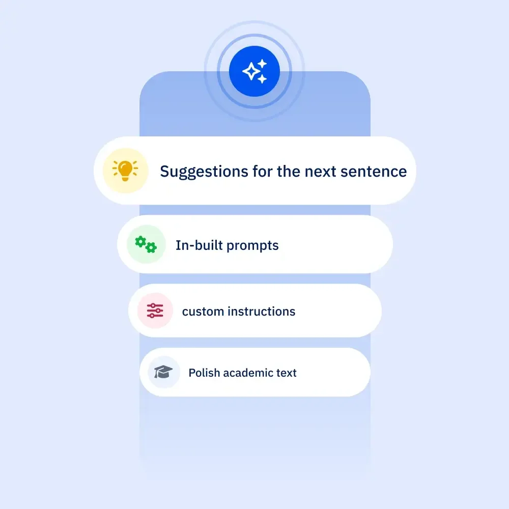 Paperpal UI menu showing AI writing suggestions and prompt options with a clean light-themed interface.