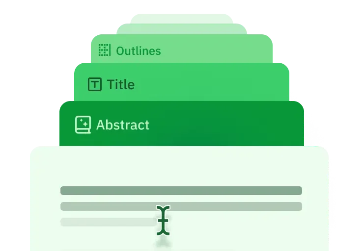 Paperpal document editor showing document structure with Outlines, Title, and Abstract sections in a clean, layered green interface.