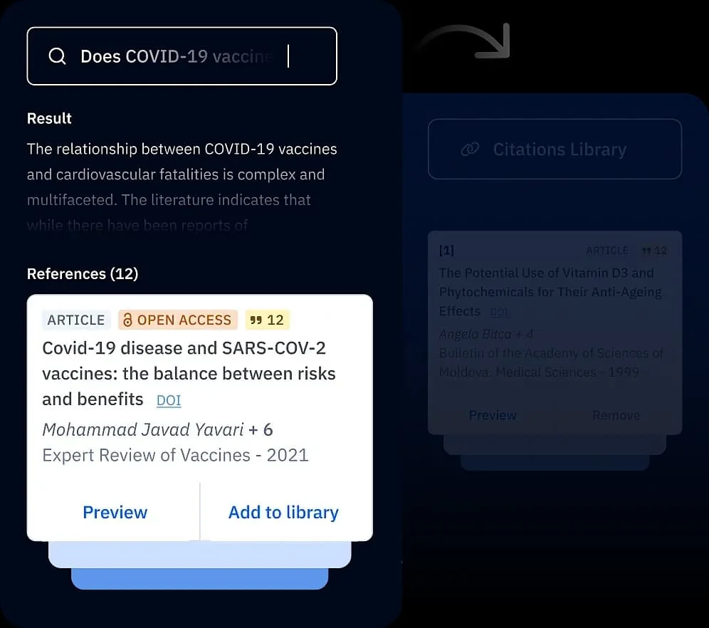 Paperpal workspace showing AI-powered research search and citation management with a dark-mode interface.