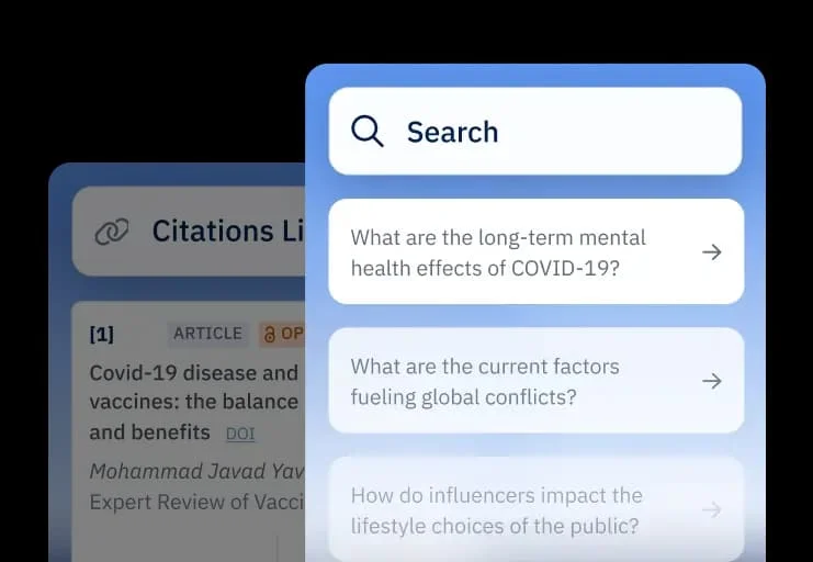 Paperpal research assistant showing AI-powered search suggestions and citation list with a modern blue and white interface.