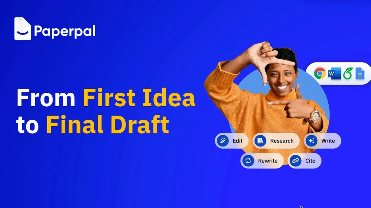 Paperpal landing page visual illustrating the writing process from first idea to final draft with a smiling woman and feature icons.