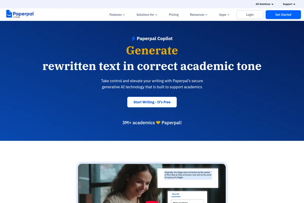 Paperpal Copilot hero section showing AI rewriting a text for academic tone with a dark-blue interface.