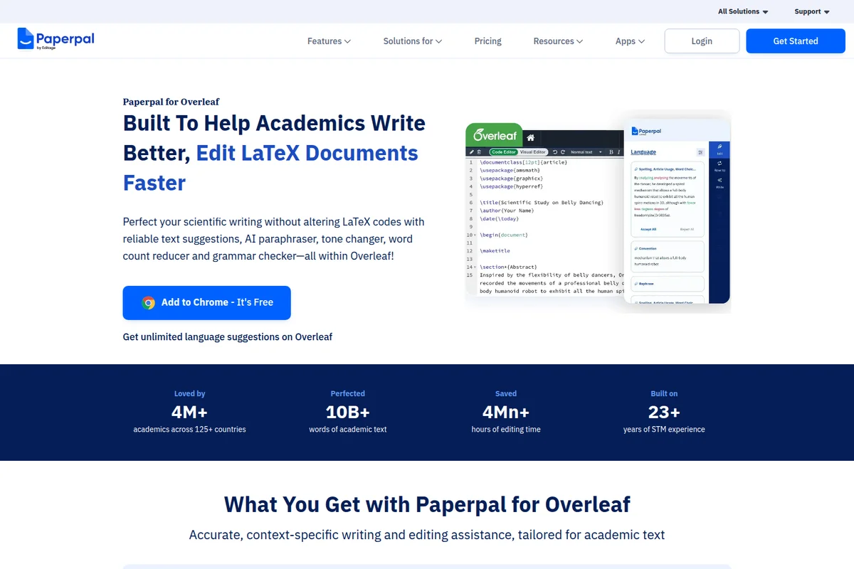 Paperpal for Overleaf landing page showing AI writing and editing suggestions integrated into a LaTeX editor.