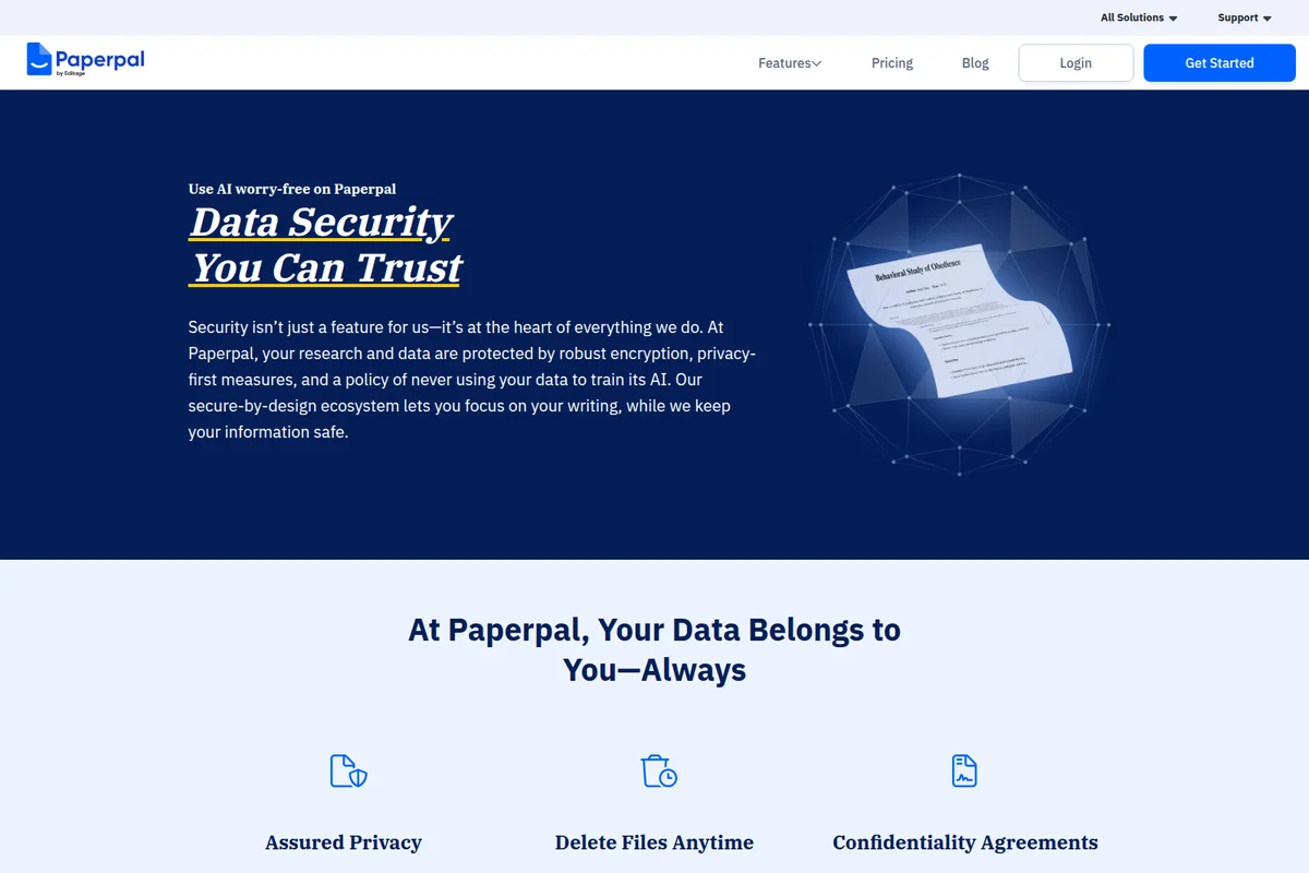 Paperpal data security page showing a glowing document within a secure network graphic with a dark blue aesthetic.