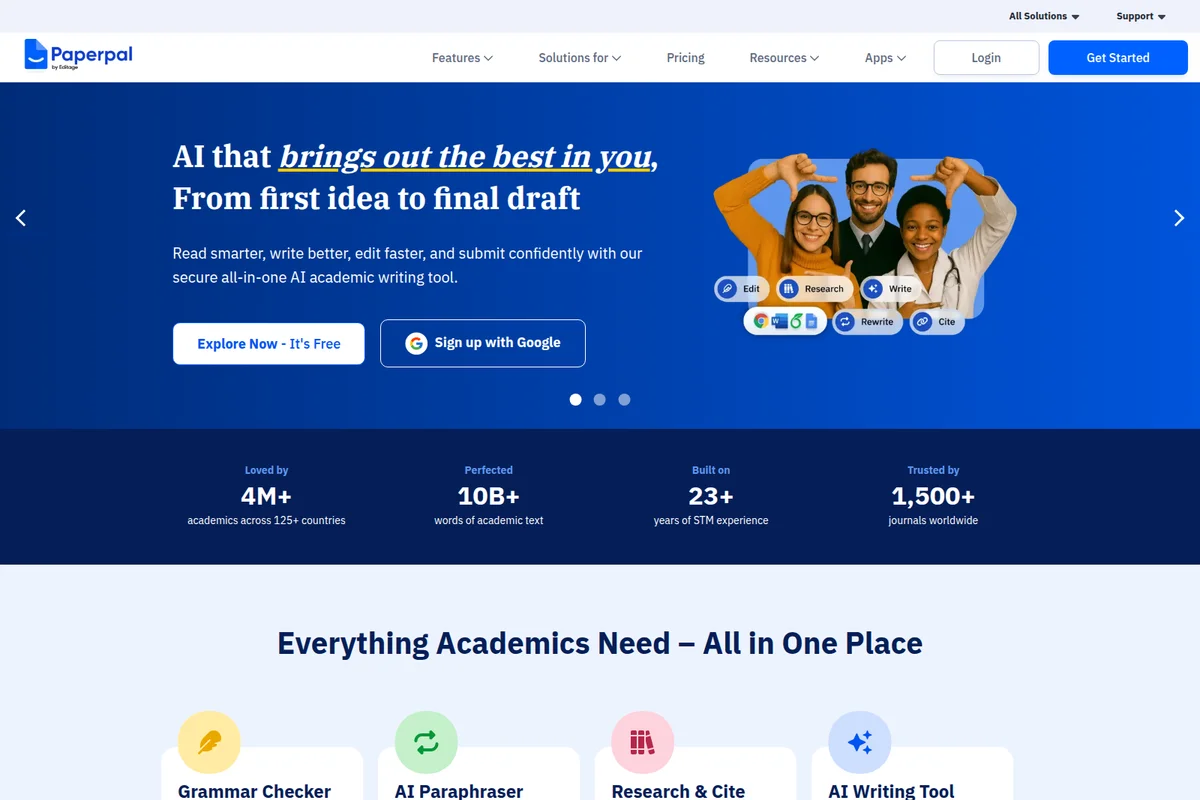 Paperpal landing page hero showing diverse academics framing AI writing feature icons against a vibrant blue background.