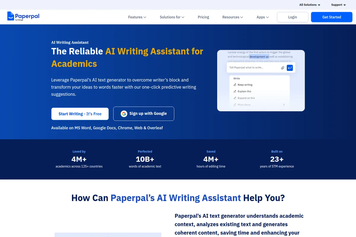 Paperpal AI writing assistant workspace showing text input and AI suggestion options in a clean dark-blue interface