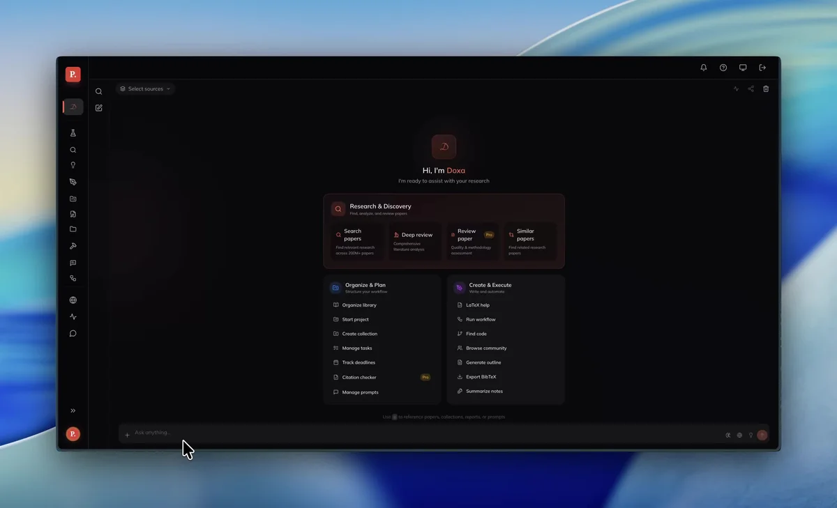 Doxa research assistant workspace displaying categorized research tools and an 'Ask anything' prompt in a modern dark-mode interface.