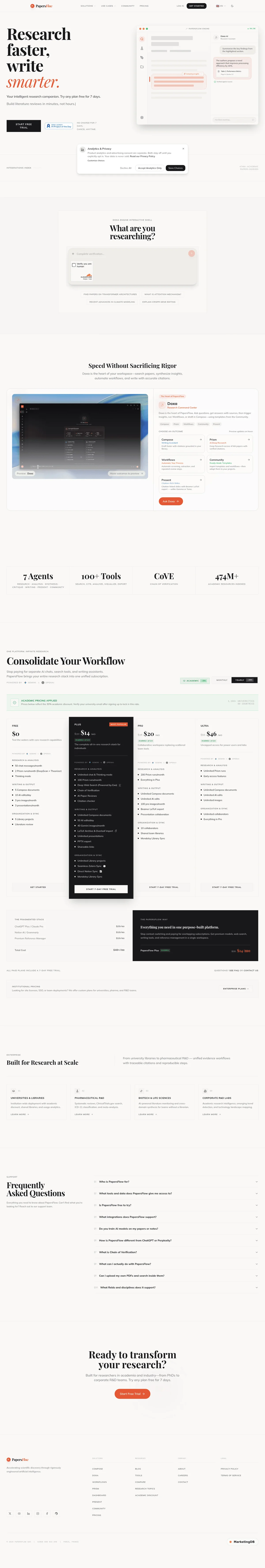 papersflow homepage displaying AI-powered research and writing workspace with integrated tools in a modern, clean interface.