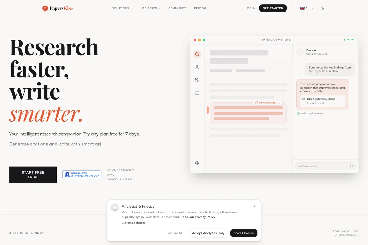 PapersFlow workspace showing AI-powered document analysis and research assistance with a clean light-mode interface.