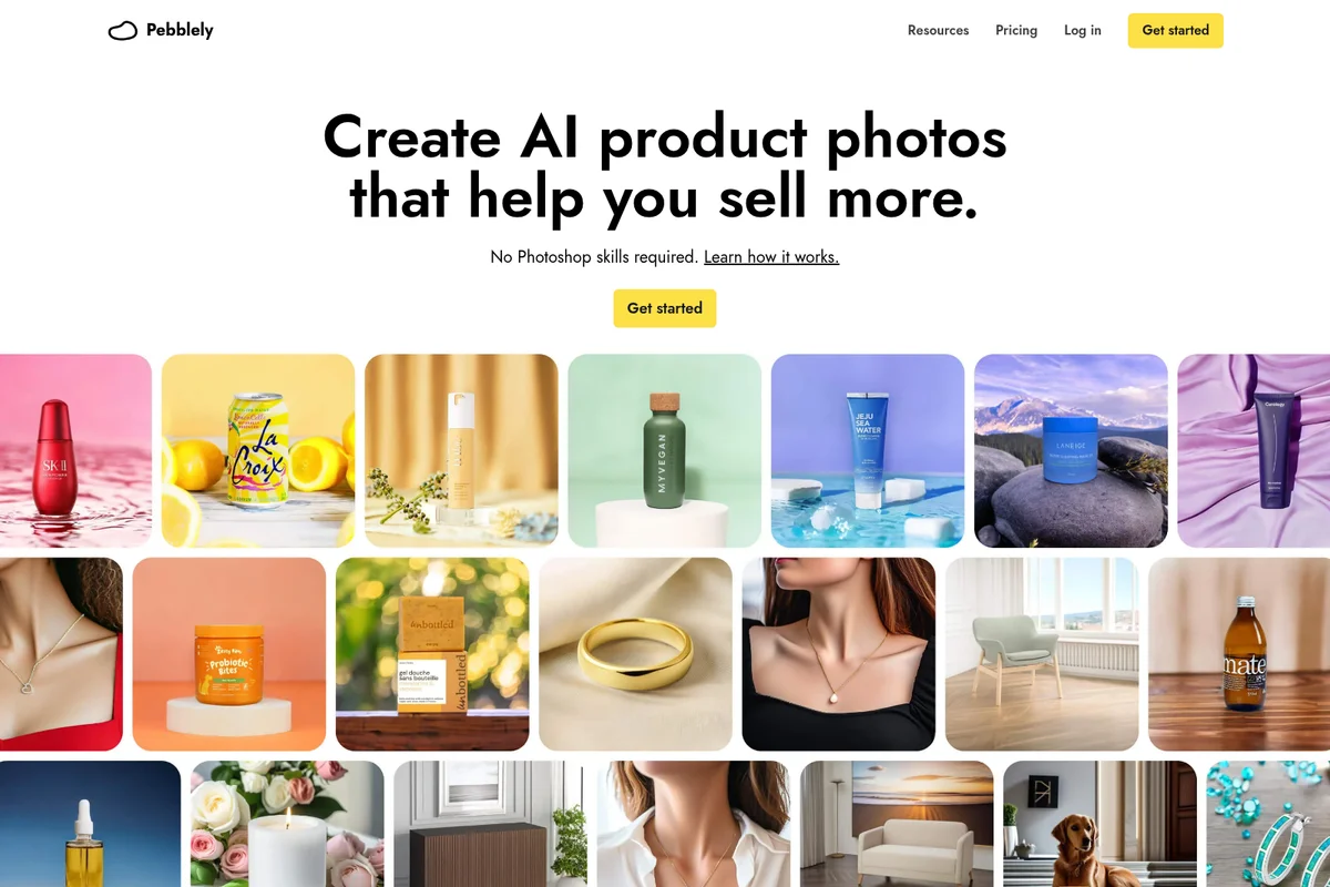 Pebblely homepage showing AI-generated product photos and a clean, modern marketing layout with a 'Get started' button.