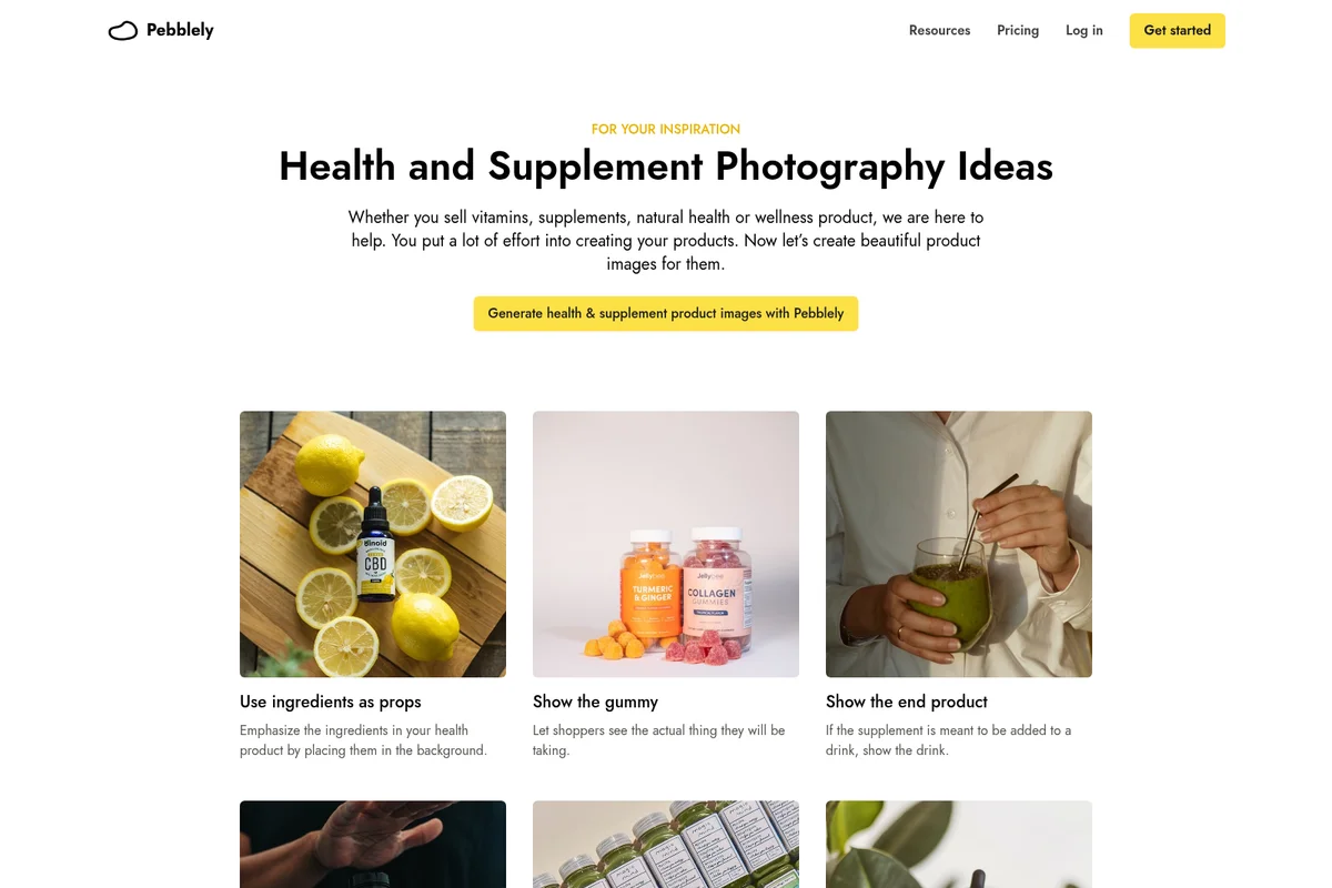 Pebblely health and supplement product photography ideas page showing examples of AI-generated images like CBD oil with lemons, gummy vitamins, and a green drink with a hand.