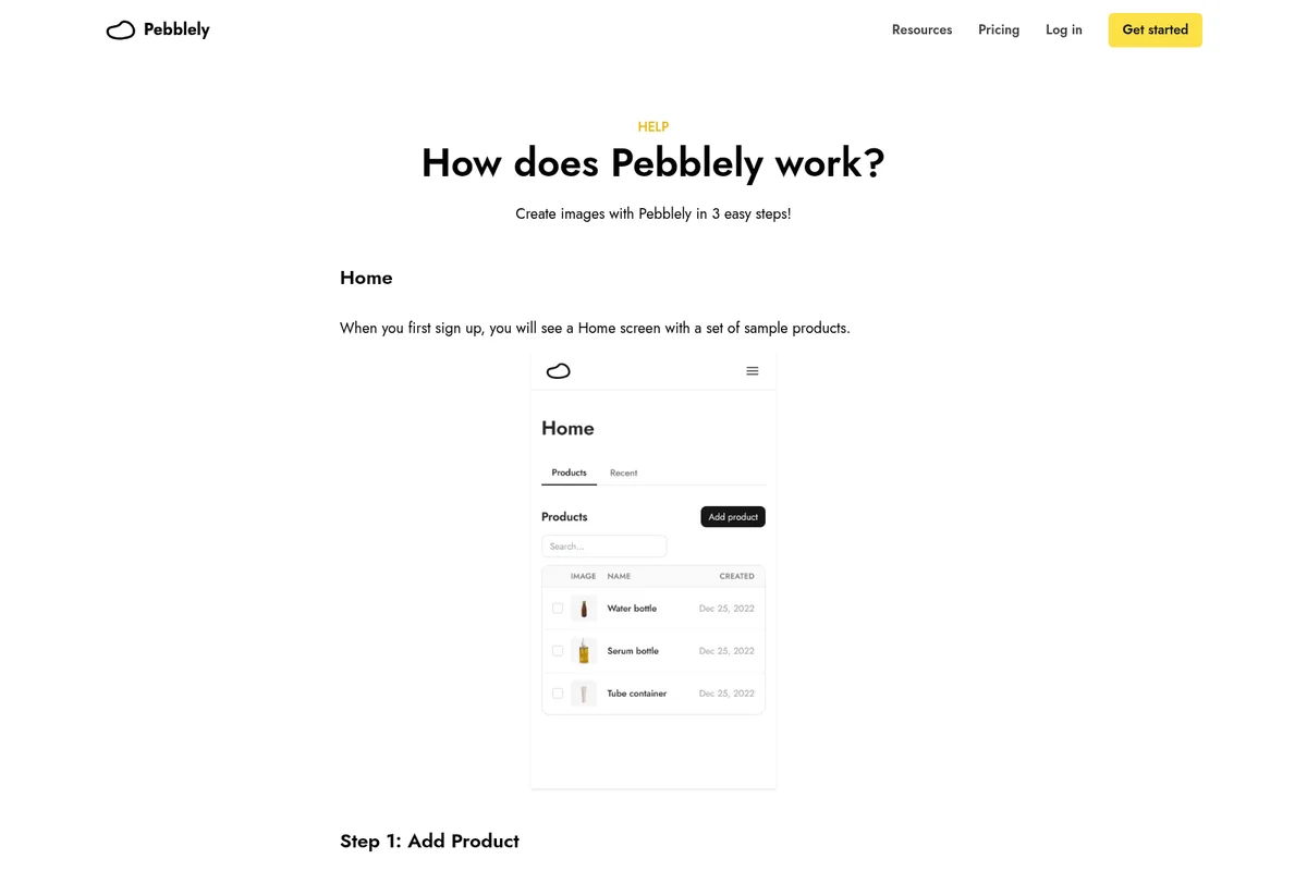 Pebblely workspace showing the Home screen with a list of sample products in a clean light theme.